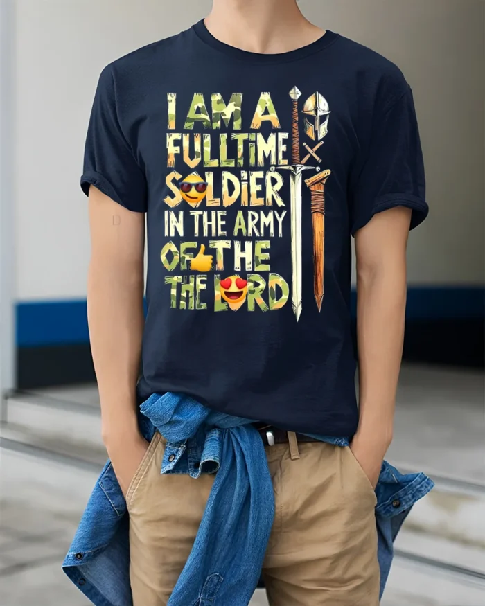 Full-Time Soldier in the Lord’s Army T-Shirt - model wearing navy shirt, hands in pockets