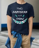 Hello Darkness My Old Friend T-Shirt - model wearing navy shirt, hands in pockets