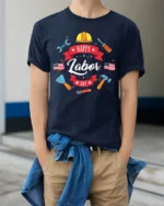 Happy Labor Day T-Shirt for Patriotic Workers - model wearing navy shirt, hands in pockets