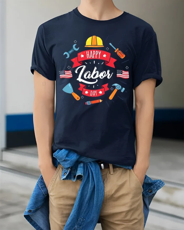 Happy Labor Day T-Shirt for Patriotic Workers - model wearing navy shirt, hands in pockets