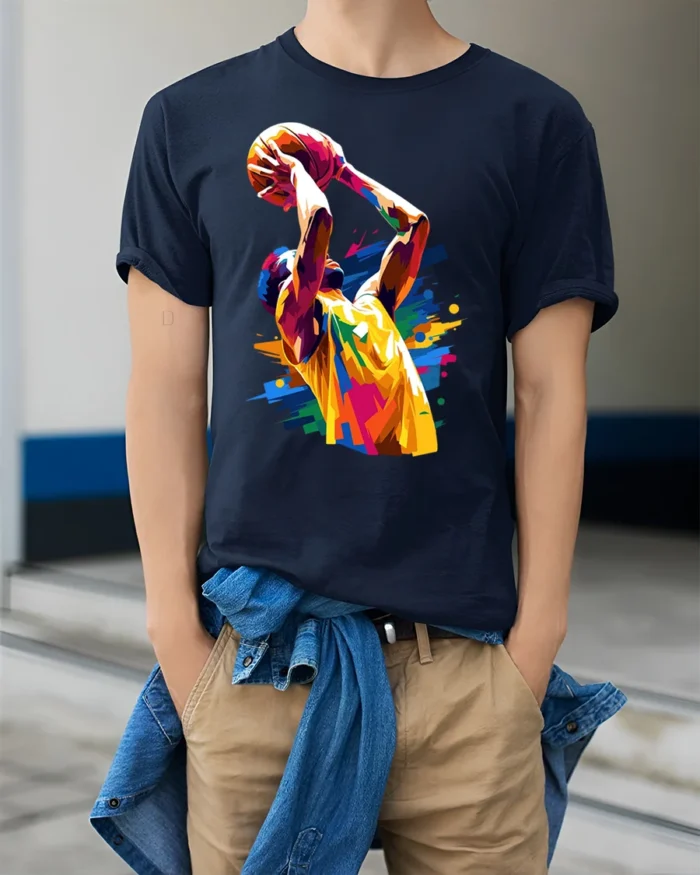 Color Splash Basketball Dunk T-Shirt - model wearing navy shirt, hands in pockets
