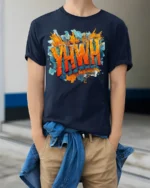 YHWH Graffiti Style Christian T-Shirt - model wearing navy shirt, hands in pockets