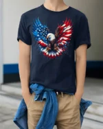 Patriotic Eagle American Flag T-Shirt - model wearing navy shirt, hands in pockets
