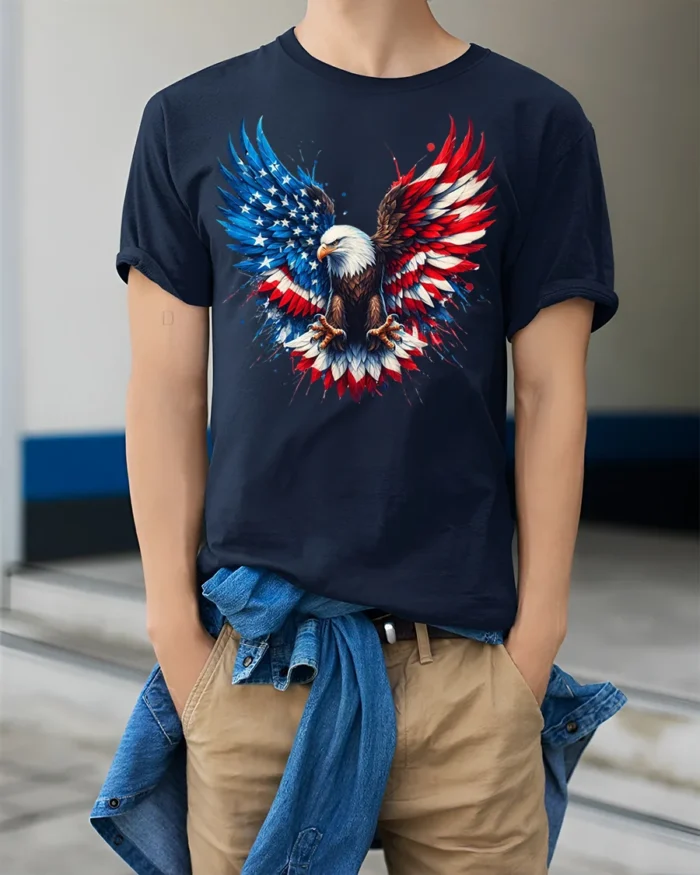 Patriotic Eagle American Flag T-Shirt - model wearing navy shirt, hands in pockets