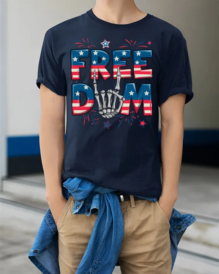 Freedom Skeleton Hand USA Flag T-Shirt - model wearing navy shirt, hands in pockets