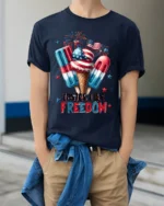 Tastes Like Freedom USA Ice Cream T-Shirt - model wearing navy shirt, hands in pockets