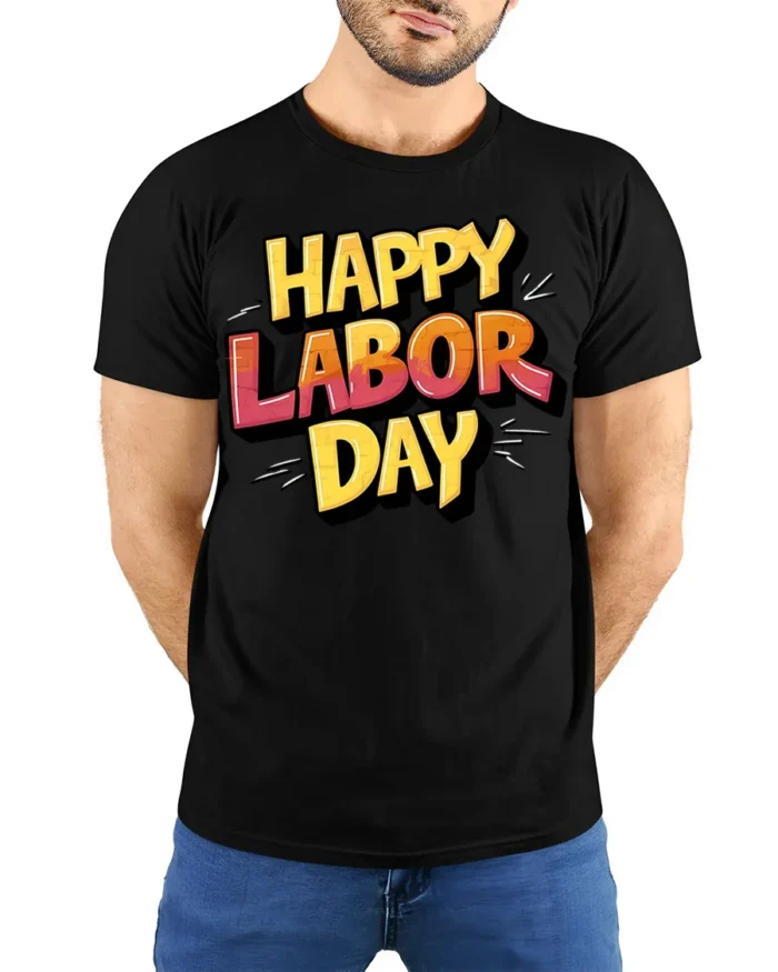 Bold Happy Labor Day Graphic T-Shirt USA - model wearing black shirt, hands behind back