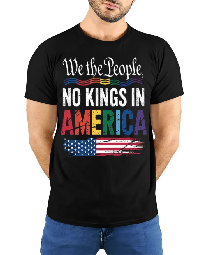 No Kings in America Patriotic Pride T-Shirt - model wearing black shirt, hands behind back