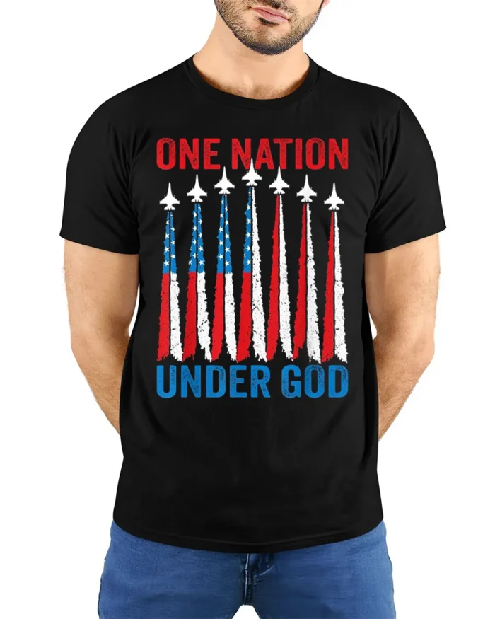 One Nation Under God Patriotic Jet T-Shirt - model wearing black shirt, hands behind back