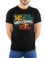 Never Underestimate Me Graffiti T-Shirt - model wearing black shirt, hands behind back