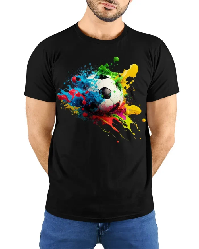 Color Splash Soccer Ball Graphic T-Shirt - model wearing black shirt, hands behind back