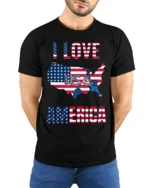 I Love America USA Flag Patriotic T-Shirt - model wearing black shirt, hands behind back