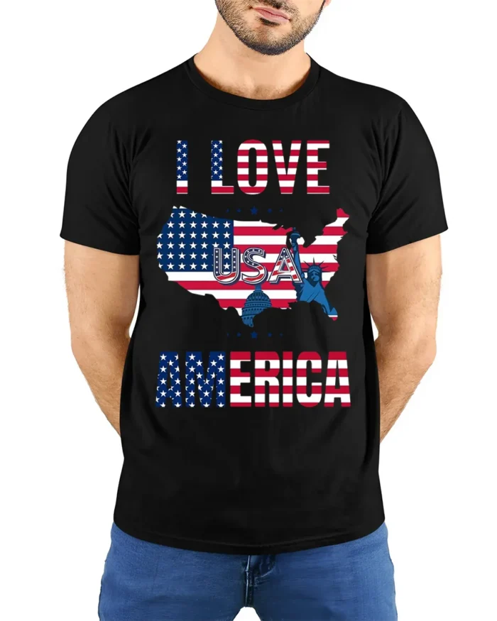I Love America USA Flag Patriotic T-Shirt - model wearing black shirt, hands behind back