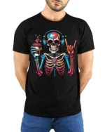 Colorful Coffee Skeleton Headphones T-Shirt - model wearing black shirt, hands behind back