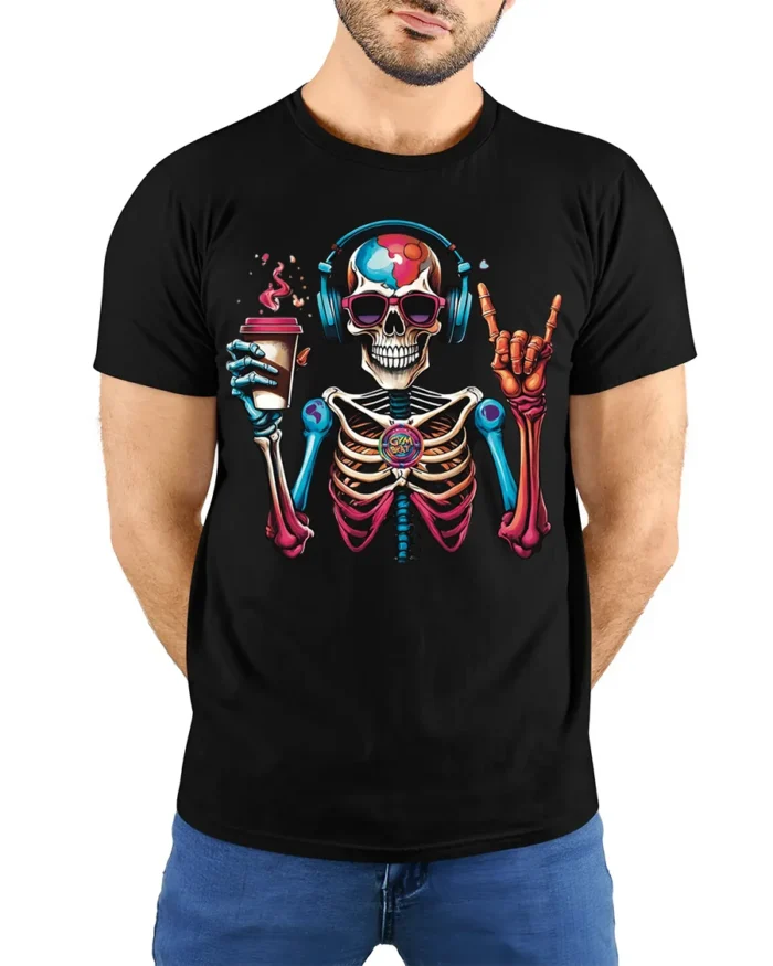 Colorful Coffee Skeleton Headphones T-Shirt - model wearing black shirt, hands behind back
