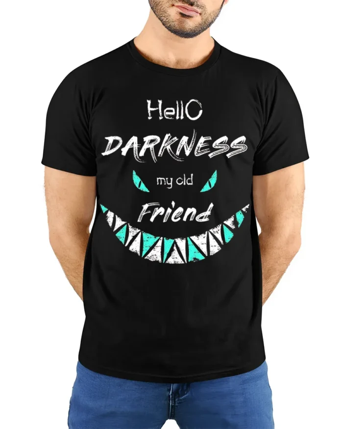 Hello Darkness My Old Friend T-Shirt - model wearing black shirt, hands behind back