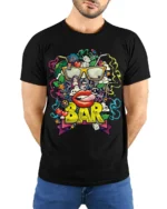Retro Pop Art BAR Graphic T-Shirt for Adults - model wearing black shirt, hands behind back