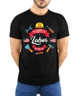 Happy Labor Day T-Shirt for Patriotic Workers - model wearing black shirt, hands behind back