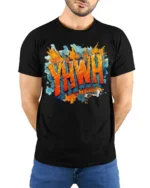YHWH Graffiti Style Christian T-Shirt - model wearing black shirt, hands behind back