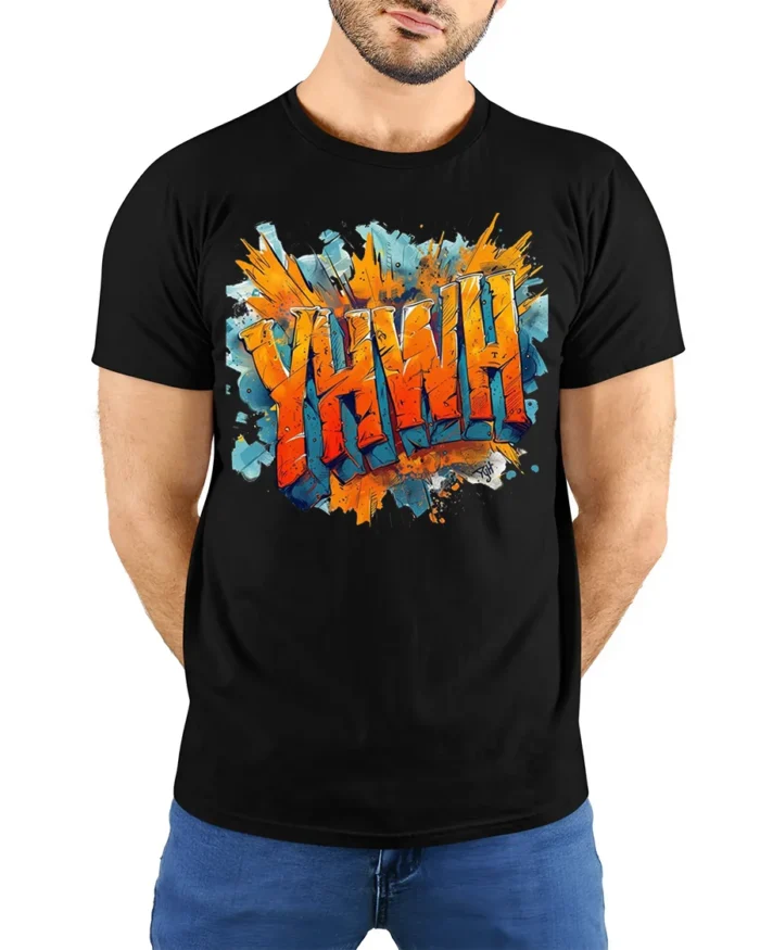 YHWH Graffiti Style Christian T-Shirt - model wearing black shirt, hands behind back