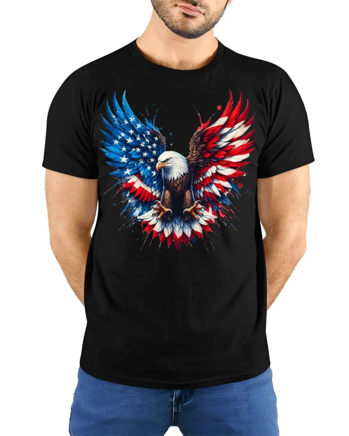 Patriotic Eagle American Flag T-Shirt - model wearing black shirt, hands behind back