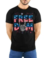 Freedom Skeleton Hand USA Flag T-Shirt - model wearing black shirt, hands behind back