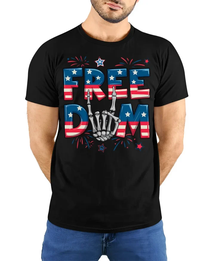 Freedom Skeleton Hand USA Flag T-Shirt - model wearing black shirt, hands behind back