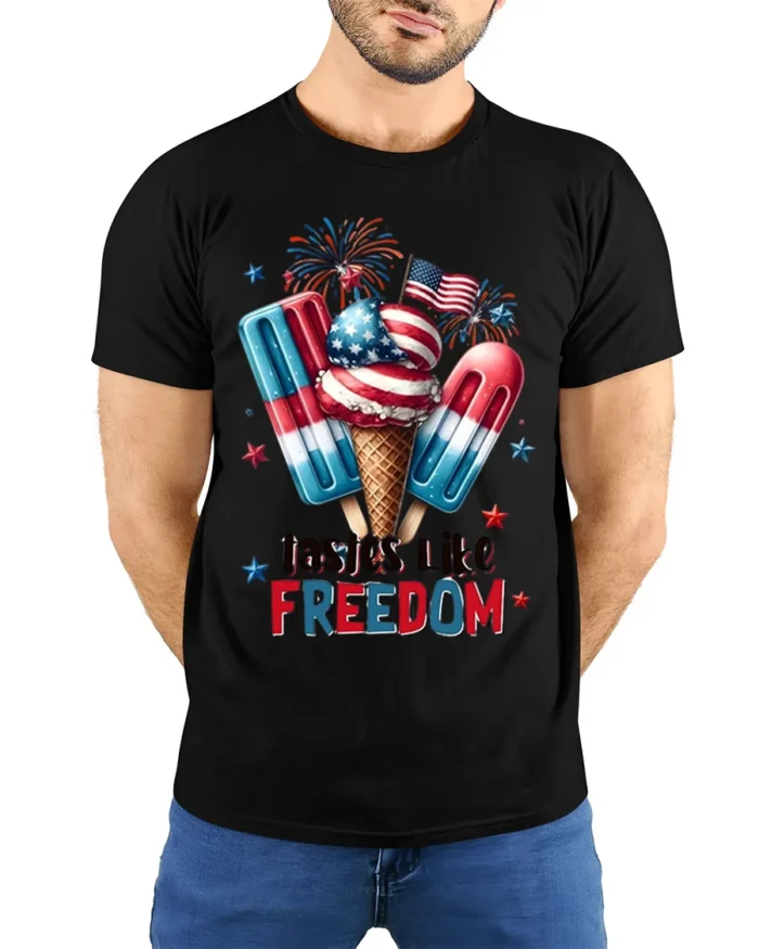 Tastes Like Freedom USA Ice Cream T-Shirt - model wearing black shirt, hands behind back