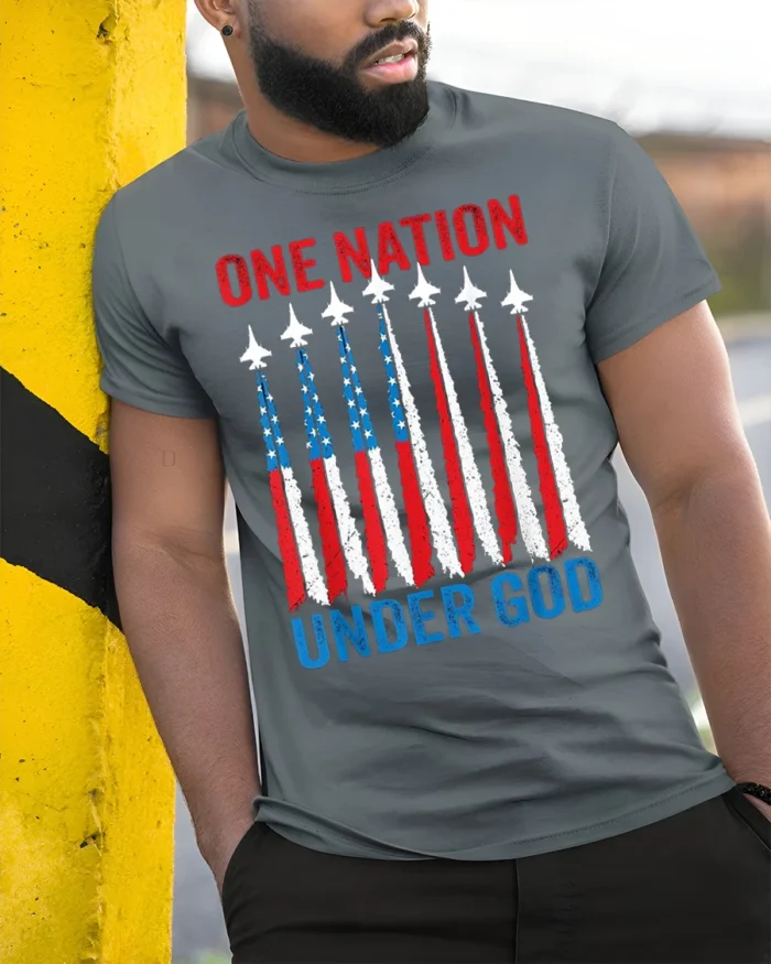 One Nation Under God Patriotic Jet T-Shirt - model in grey shirt leaning against column