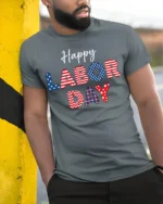 Happy Labor Day T-Shirt with USA Patterns - model in grey shirt leaning against column