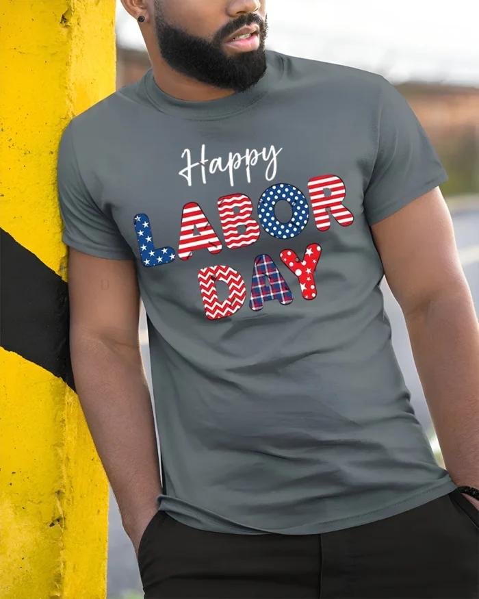 Happy Labor Day T-Shirt with USA Patterns - model in grey shirt leaning against column