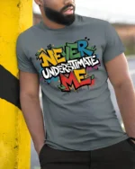 Never Underestimate Me Graffiti T-Shirt - model in grey shirt leaning against column