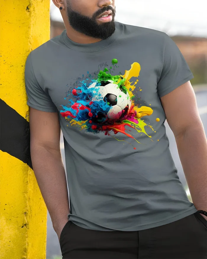 Color Splash Soccer Ball Graphic T-Shirt - model in grey shirt leaning against column