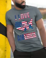 I Love America USA Flag Patriotic T-Shirt - model in grey shirt leaning against column
