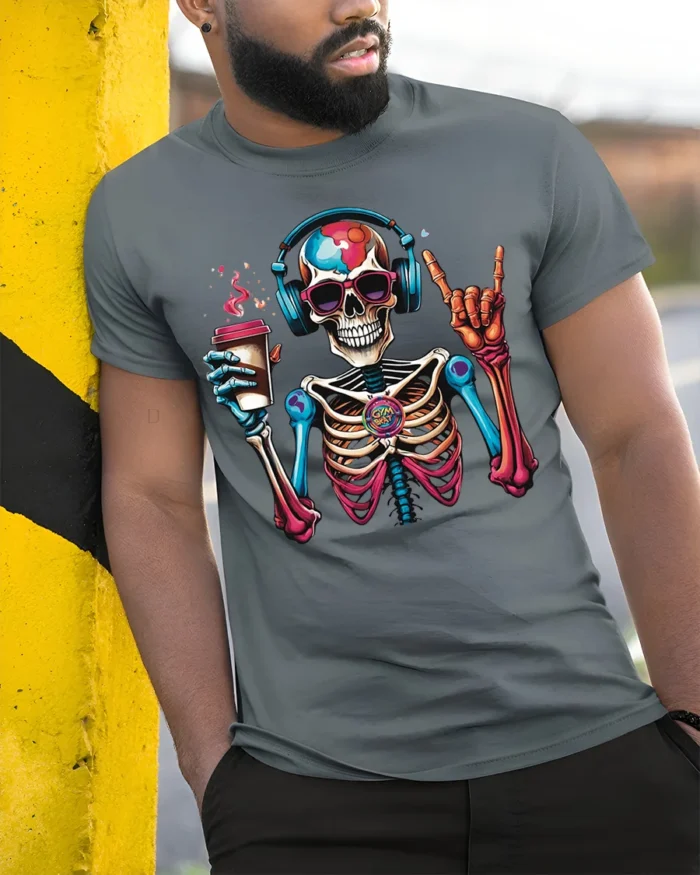 Colorful Coffee Skeleton Headphones T-Shirt - model in grey shirt leaning against column