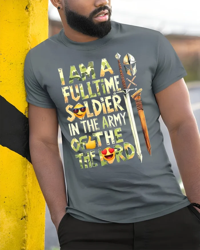 Full-Time Soldier in the Lord’s Army T-Shirt - model in grey shirt leaning against column