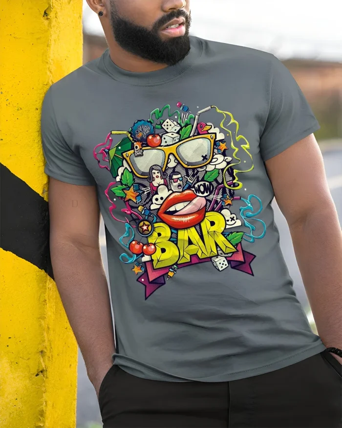 Retro Pop Art BAR Graphic T-Shirt for Adults - model in grey shirt leaning against column