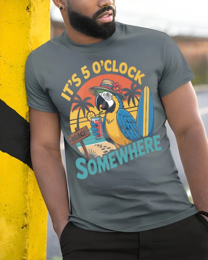 It’s 5 O’Clock Somewhere Beach T-Shirt - model in grey shirt leaning against column