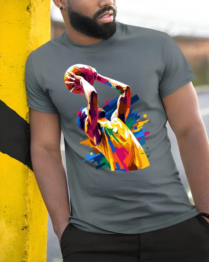 Color Splash Basketball Dunk T-Shirt - model in grey shirt leaning against column
