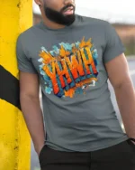 YHWH Graffiti Style Christian T-Shirt - model in grey shirt leaning against column