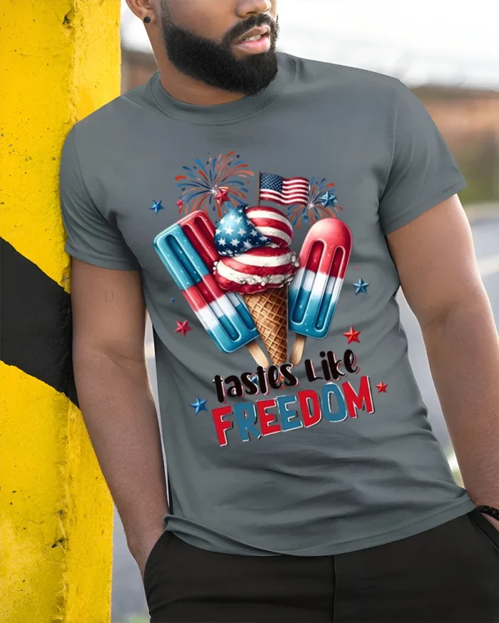 Tastes Like Freedom USA Ice Cream T-Shirt - model in grey shirt leaning against column
