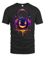 Neon Smile Headphones Music Art Black T-Shirt - black t-shirt on white background