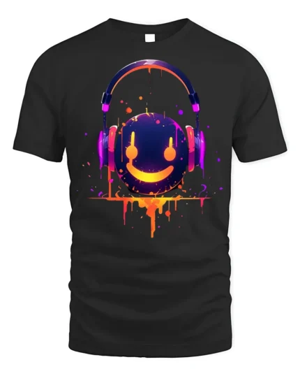 Neon Smile Headphones Music Art Black T-Shirt - black t-shirt on white background