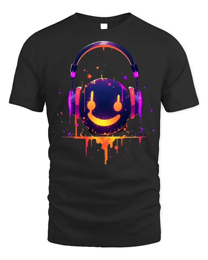 Neon Smile Headphones Music Art Black T-Shirt - black t-shirt on white background