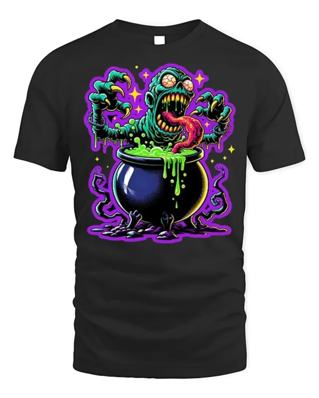 Zombie Cauldron Monster Horror Art T-Shirt - black t-shirt on white background