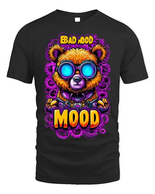 Bad Mood Bear Neon Goggles Street Art T-Shirt - black t-shirt on white background