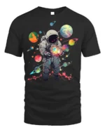 Cosmic Astronaut Holding Planets Space T-Shirt - black t-shirt on white background