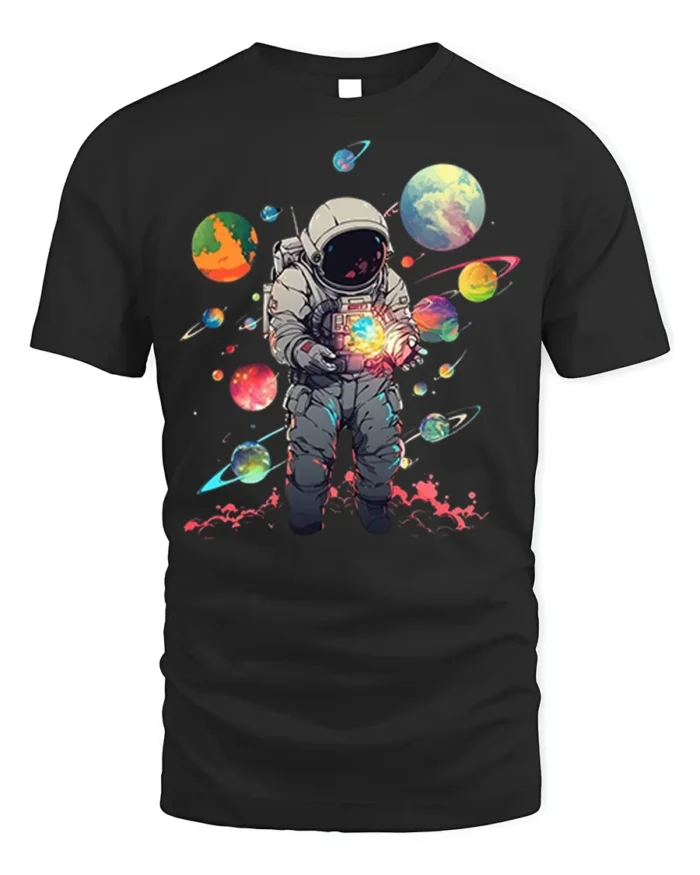 Cosmic Astronaut Holding Planets Space T-Shirt - black t-shirt on white background