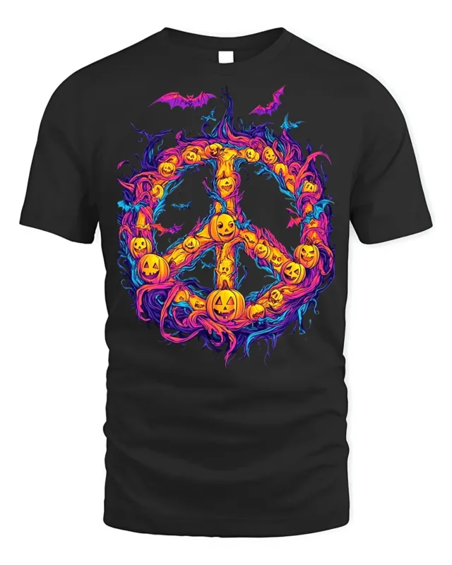 Halloween Pumpkin Peace Sign Spooky T-Shirt - black t-shirt on white background