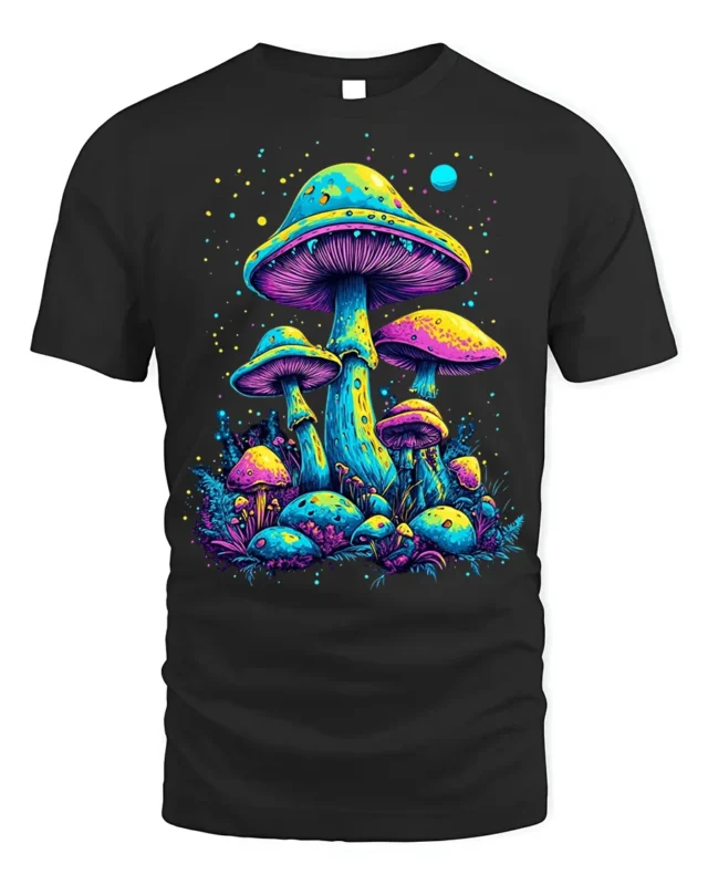 Psychedelic Neon Mushroom Forest Art T-Shirt - black t-shirt on white background